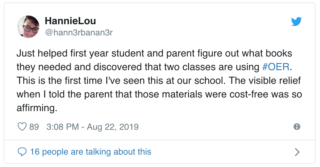screenshot of tweet by the author about helping a first-year student use OER